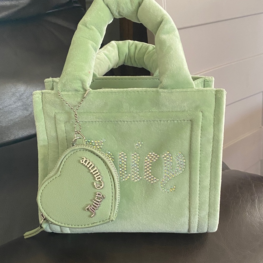 Juicy Couture Mint Velvet Mini Tote with Crystal Logo and Heart Pouch